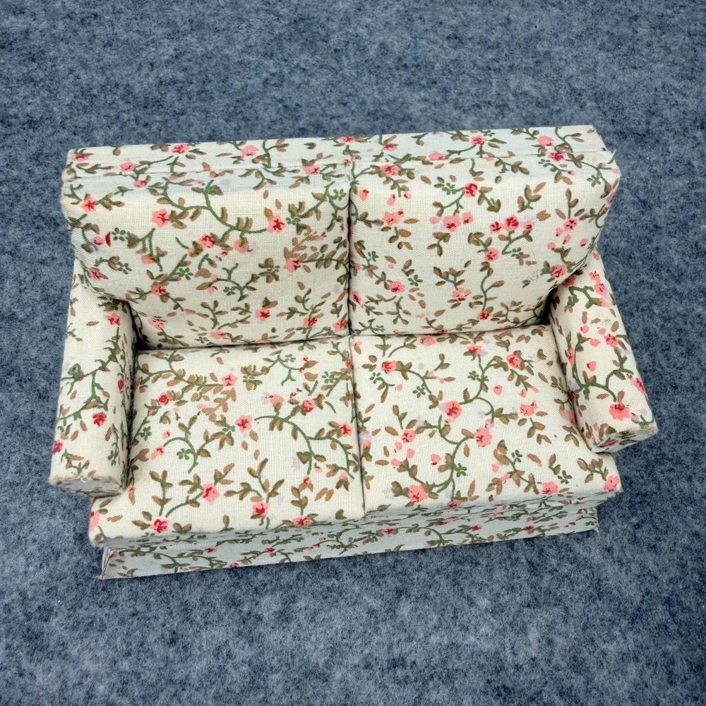 Miniature Dollhouse Floral Living Room Furniture Set Sofa Chairs Ottoman 4 Pc